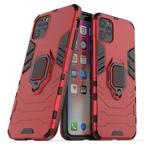 Black Panther Armor Metal Ring Grip Shockproof Dual Layer Rugged Hard Cover for iPhone 11 Pro Max (6.5 inch) - Red