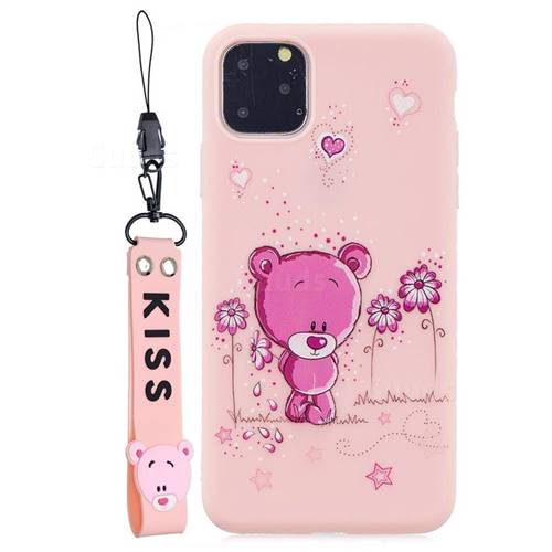Pink Flower Bear Soft Kiss Candy Hand Strap Silicone Case for iPhone 11 Pro Max (6.5 inch)