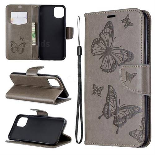 Embossing Double Butterfly Leather Wallet Case for iPhone 11 Pro Max - Gray