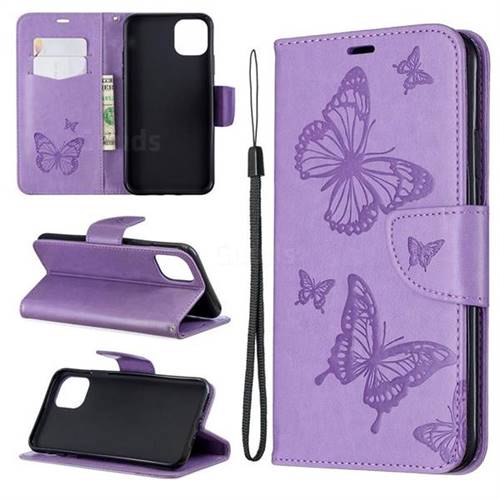 Embossing Double Butterfly Leather Wallet Case for iPhone 11 Pro Max - Purple