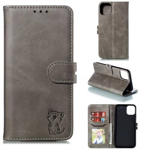 Embossing Happy Cat Leather Wallet Case for iPhone 11 Pro Max (6.5 inch) - Gray