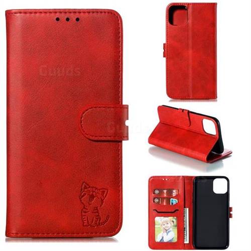 Embossing Happy Cat Leather Wallet Case for iPhone 11 Pro Max (6.5 inch) - Red