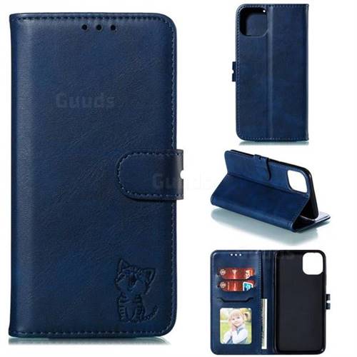 Embossing Happy Cat Leather Wallet Case for iPhone 11 Max (6.5 inch) - Blue