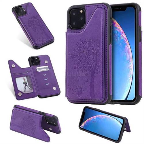 Luxury Tree and Cat Multifunction Magnetic Card Slots Stand Leather Phone Back Cover for iPhone 11 Pro Max (6.5 inch) - Purple