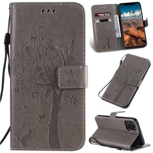 Embossing Butterfly Tree Leather Wallet Case for iPhone 11 Pro Max (6.5 inch) - Grey