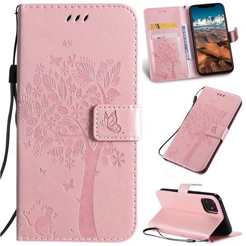 Embossing Butterfly Tree Leather Wallet Case for iPhone 11 Pro Max (6.5 inch) - Rose Pink