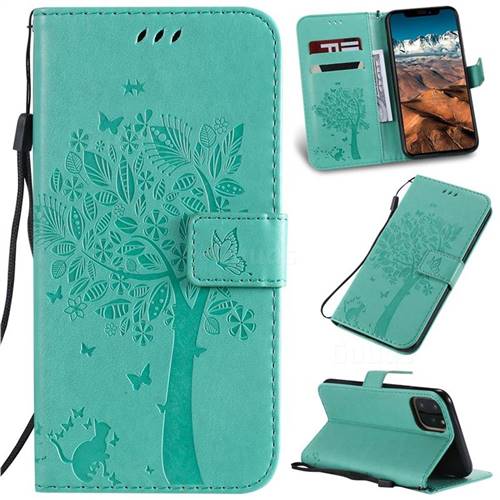 Embossing Butterfly Tree Leather Wallet Case for iPhone 11 Pro Max (6.5 inch) - Cyan