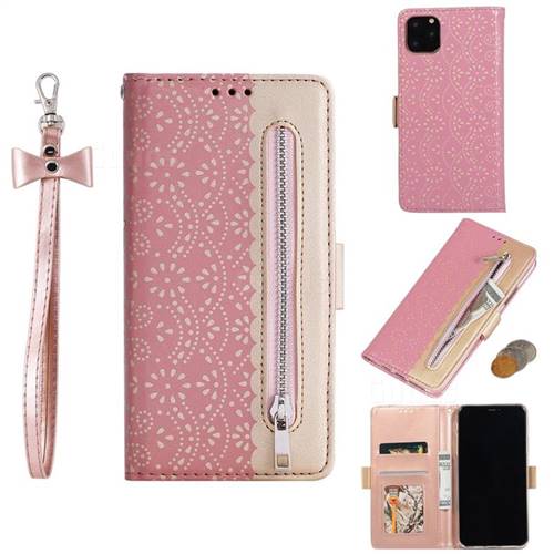 Luxury Lace Zipper Stitching Leather Phone Wallet Case for iPhone 11 Pro Max (6.5 inch) - Pink