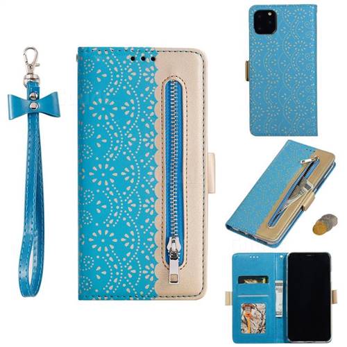 Luxury Lace Zipper Stitching Leather Phone Wallet Case for iPhone 11 Pro Max (6.5 inch) - Blue