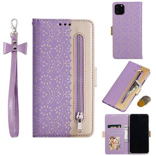 Luxury Lace Zipper Stitching Leather Phone Wallet Case for iPhone 11 Pro Max (6.5 inch) - Purple