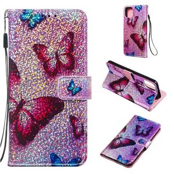 Blue Butterfly Sequins Painted Leather Wallet Case for iPhone 11 Pro Max (6.5 inch)