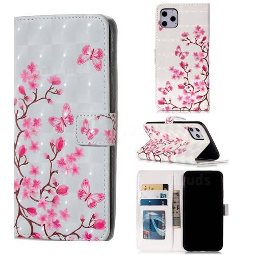 Butterfly Sakura Flower 3D Painted Leather Phone Wallet Case for iPhone 11 Pro Max (6.5 inch)
