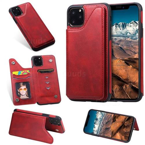 Luxury Multifunction Magnetic Card Slots Stand Calf Leather Phone Back Cover for iPhone 11 Pro Max (6.5 inch) - Red