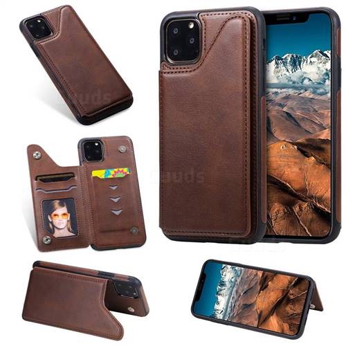Luxury Multifunction Magnetic Card Slots Stand Calf Leather Phone Back Cover for iPhone 11 Pro Max (6.5 inch) - Coffee