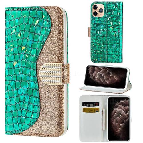 Glitter Diamond Buckle Laser Stitching Leather Wallet Phone Case for iPhone 11 Pro Max (6.5 inch) - Green