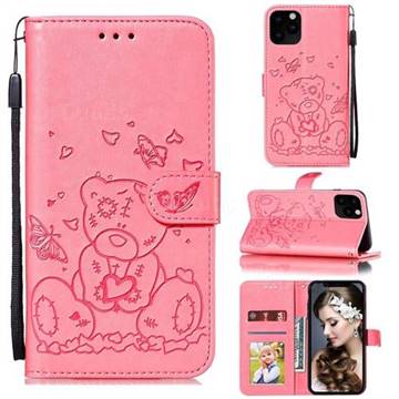 Embossing Butterfly Heart Bear Leather Wallet Case for iPhone 11 Pro Max (6.5 inch) - Pink