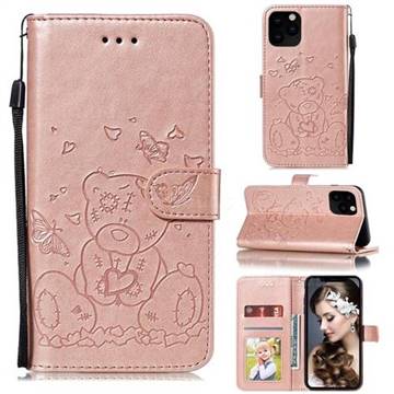 Embossing Butterfly Heart Bear Leather Wallet Case for iPhone 11 Pro Max (6.5 inch) - Rose Gold