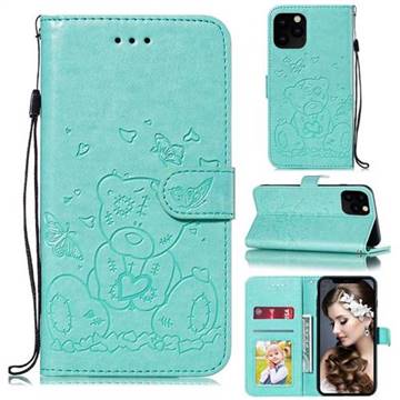 Embossing Butterfly Heart Bear Leather Wallet Case for iPhone 11 Pro Max (6.5 inch) - Green