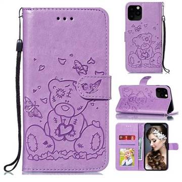 Embossing Butterfly Heart Bear Leather Wallet Case for iPhone 11 Pro Max (6.5 inch) - Purple
