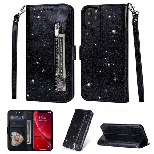 Glitter Shine Leather Zipper Wallet Phone Case for iPhone 11 Pro Max (6.5 inch) - Black