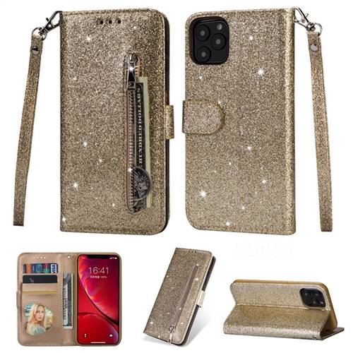 Glitter Shine Leather Zipper Wallet Phone Case for iPhone 11 Pro Max (6.5 inch) - Gold