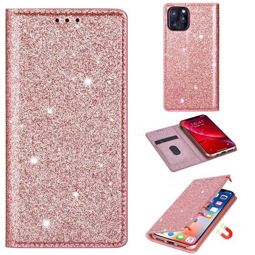 Ultra Slim Glitter Powder Magnetic Automatic Suction Leather Wallet Case for iPhone 11 Pro Max (6.5 inch) - Rose Gold