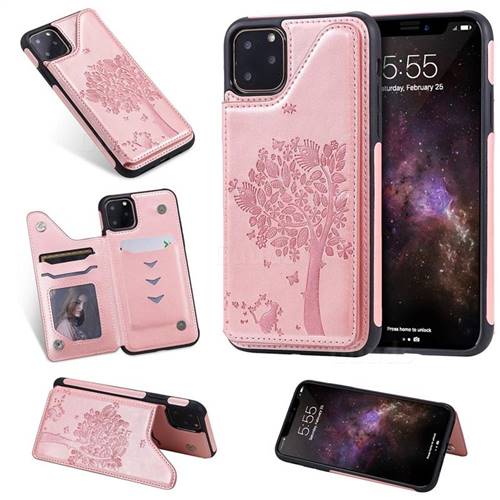 Luxury R61 Tree Cat Magnetic Stand Card Leather Phone Case for iPhone 11 Pro Max (6.5 inch) - Rose Gold