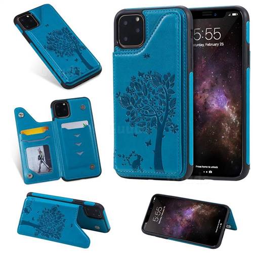 Luxury R61 Tree Cat Magnetic Stand Card Leather Phone Case for iPhone 11 Pro Max (6.5 inch) - Blue