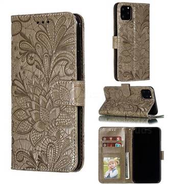 Intricate Embossing Lace Jasmine Flower Leather Wallet Case for iPhone 11 Pro Max (6.5 inch) - Gray