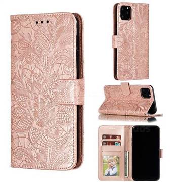 Intricate Embossing Lace Jasmine Flower Leather Wallet Case for iPhone 11 Pro Max (6.5 inch) - Rose Gold