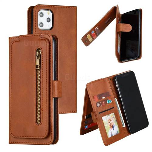 Multifunction 9 Cards Leather Zipper Wallet Phone Case for iPhone 11 Pro Max (6.5 inch) - Brown