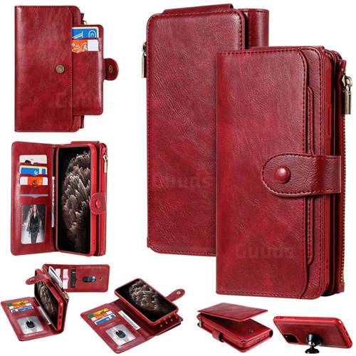 Retro Multifunction Zipper Magnetic Separable Leather Phone Case Cover for iPhone 11 Pro Max (6.5 inch) - Red
