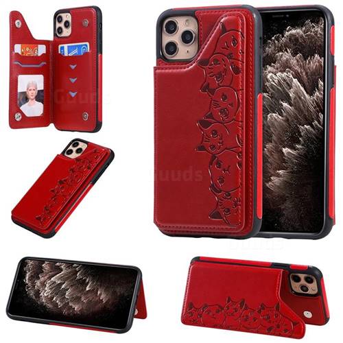 Yikatu Luxury Cute Cats Multifunction Magnetic Card Slots Stand Leather Back Cover for iPhone 11 Pro Max (6.5 inch) - Red