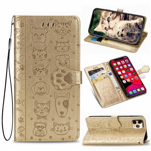 Embossing Dog Paw Kitten and Puppy Leather Wallet Case for iPhone 11 Pro Max (6.5 inch) - Champagne Gold