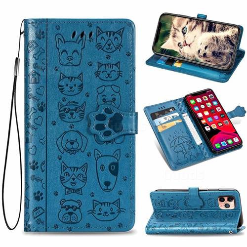 Embossing Dog Paw Kitten and Puppy Leather Wallet Case for iPhone 11 Pro Max (6.5 inch) - Blue