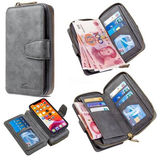 Binfen Color Retro Buckle Zipper Multifunction Leather Phone Wallet for iPhone 11 Pro Max (6.5 inch) - Gray