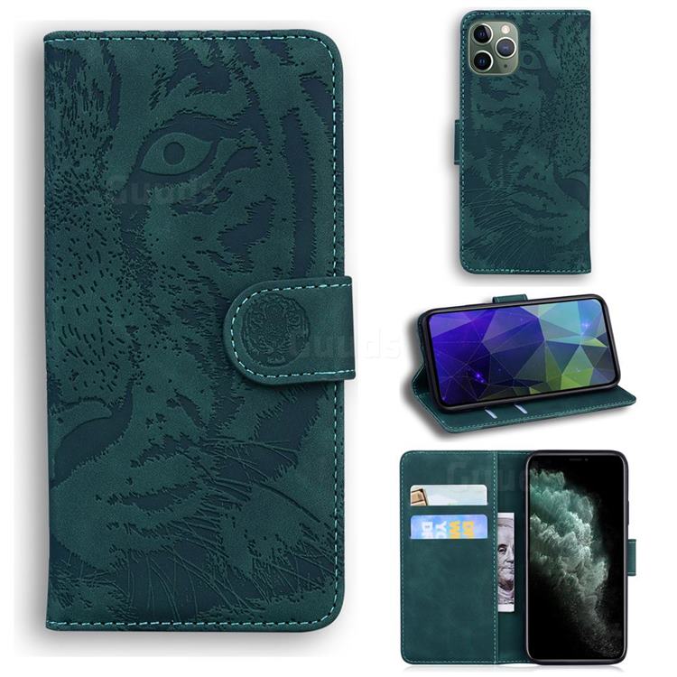 Intricate Embossing Tiger Face Leather Wallet Case for iPhone 11 Pro Max (6.5 inch) - Green