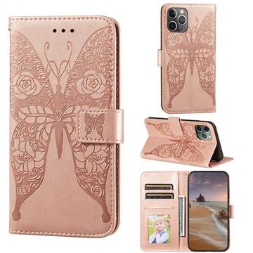 Intricate Embossing Rose Flower Butterfly Leather Wallet Case for iPhone 11 Pro Max (6.5 inch) - Rose Gold