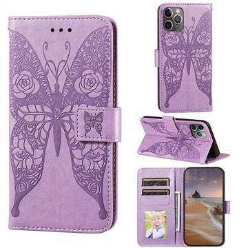 Intricate Embossing Rose Flower Butterfly Leather Wallet Case for iPhone 11 Pro Max (6.5 inch) - Purple