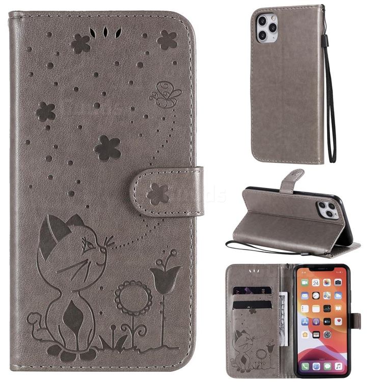 Embossing Bee and Cat Leather Wallet Case for iPhone 11 Pro Max (6.5 inch) - Gray
