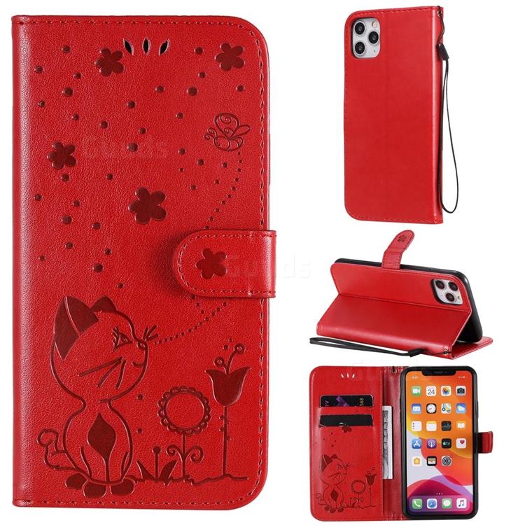 Embossing Bee and Cat Leather Wallet Case for iPhone 11 Pro Max (6.5 inch) - Red