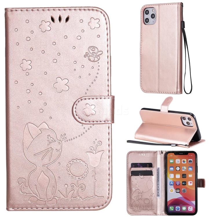 Embossing Bee and Cat Leather Wallet Case for iPhone 11 Pro Max (6.5 inch) - Rose Gold