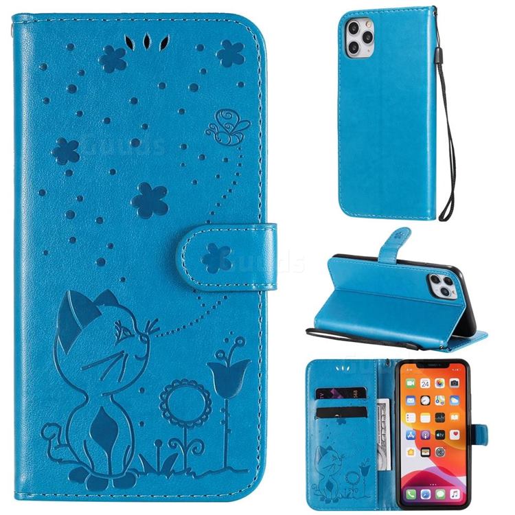Embossing Bee and Cat Leather Wallet Case for iPhone 11 Pro Max (6.5 inch) - Blue