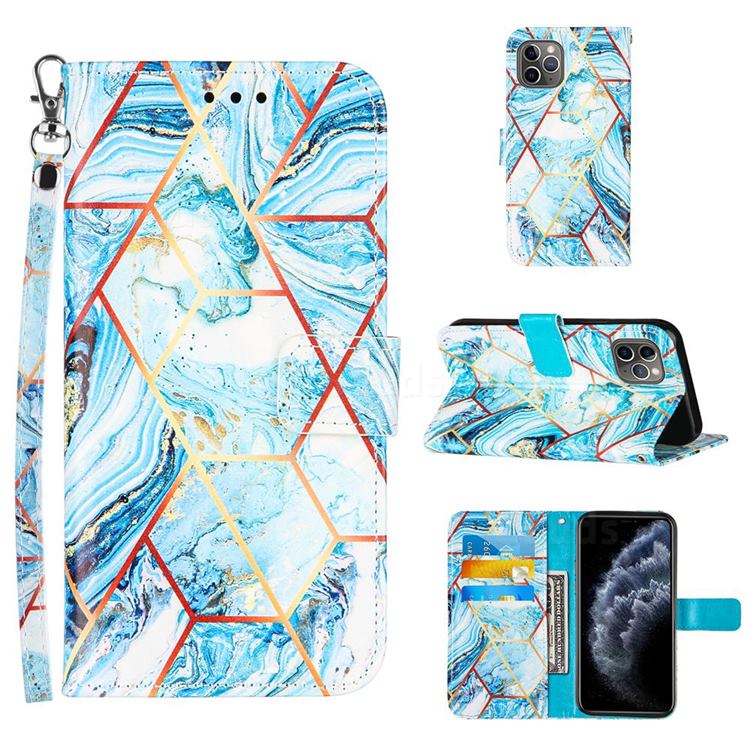 Lake Blue Stitching Color Marble Leather Wallet Case for iPhone 11 Pro Max (6.5 inch)