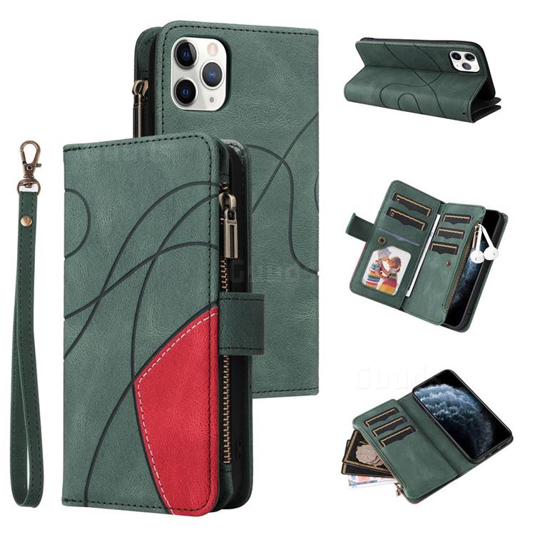 Luxury Two-color Stitching Multi-function Zipper Leather Wallet Case Cover for iPhone 11 Pro Max (6.5 inch) - Green