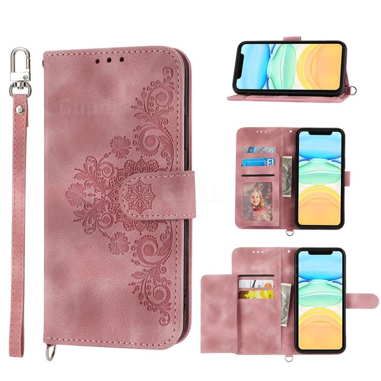 Skin Feel Embossed Lace Flower Multiple Card Slots Leather Wallet Phone Case for iPhone 11 Pro Max (6.5 inch) - Pink