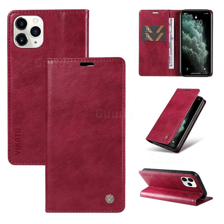 YIKATU Litchi Card Magnetic Automatic Suction Leather Flip Cover for iPhone 11 Pro Max (6.5 inch) - Wine Red