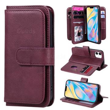 Multi-function Ten Card Slots and Photo Frame PU Leather Wallet Phone Case Cover for iPhone 12 mini (5.4 inch) - Claret