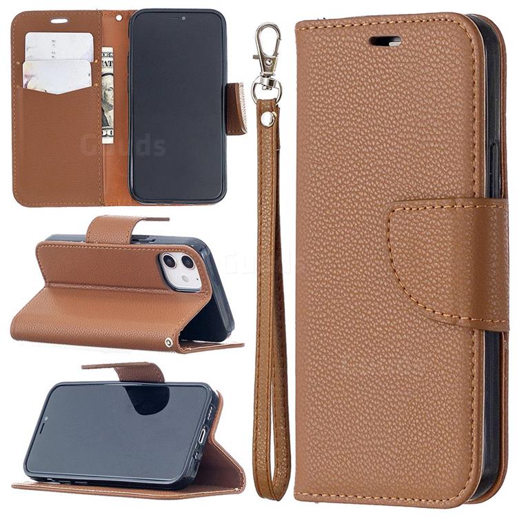 Classic Luxury Litchi Leather Phone Wallet Case for iPhone 12 mini (5.4 inch) - Brown
