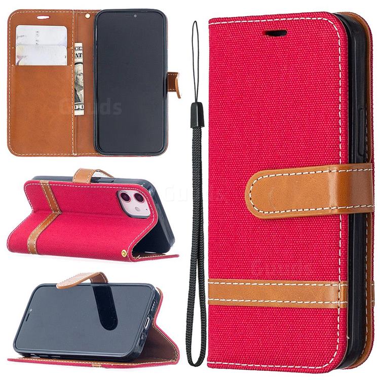 Jeans Cowboy Denim Leather Wallet Case for iPhone 12 mini (5.4 inch) - Red